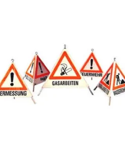 Warnpyramide, Faltsignal, schwer, Beschriftung: Rettungshunde, Zeichen: Ausrufezeichen (VZ101), Seitenlänge 90 cm, retroreflektierend  weiß